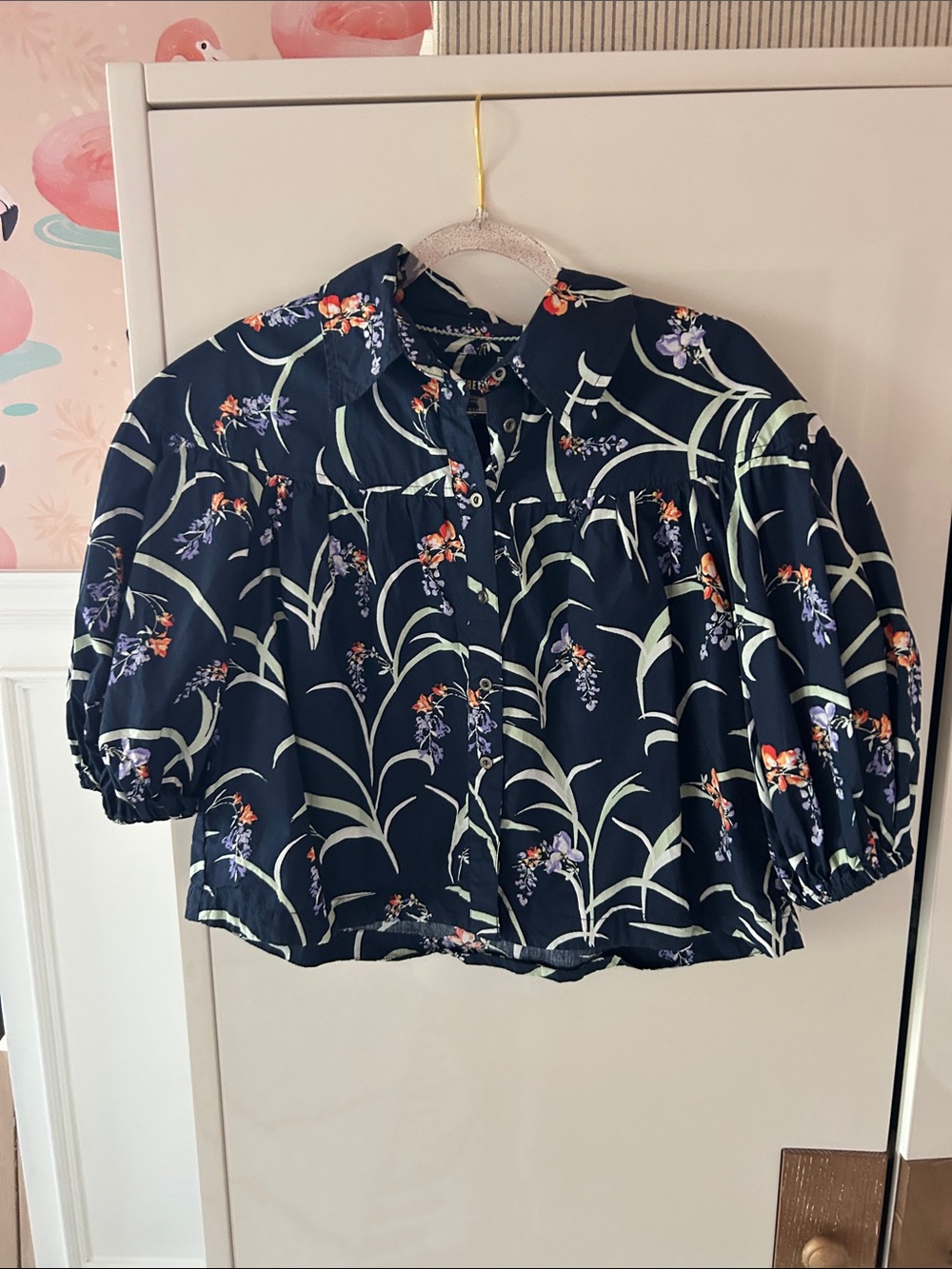 Maeve Navy Floral Puff-Sleeve Button-Front Blouse
